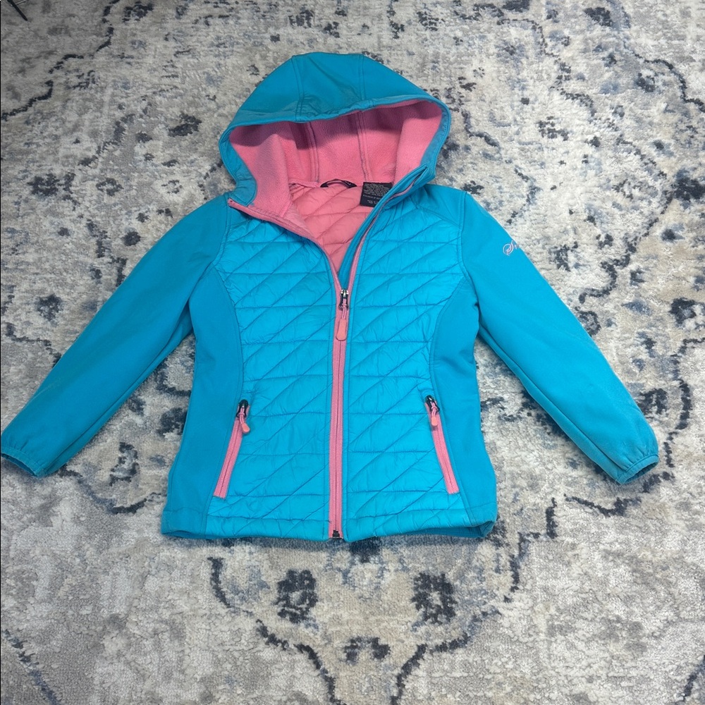 Snozu Girls Blue Pink Hooded Softshell Jacket Size XS 5/6 Fleece Lined